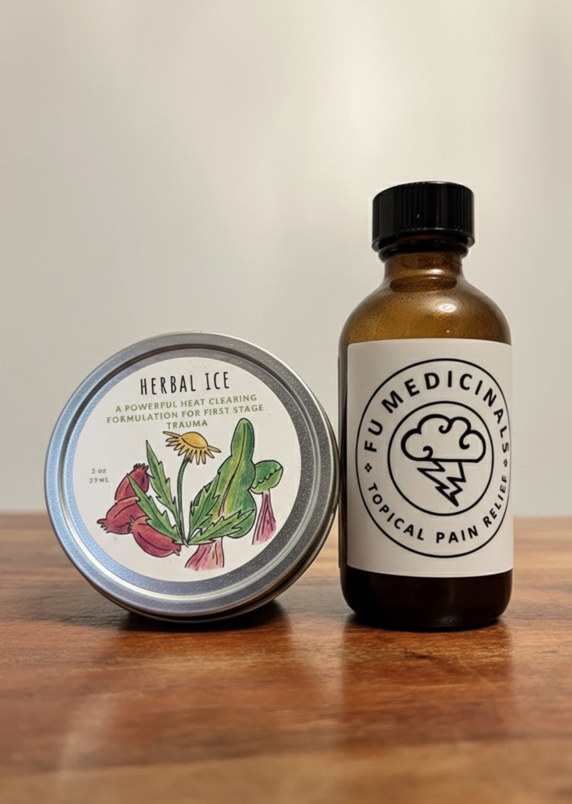 Herbal Ice container and bottle with 'EU Medicinals' label on a wooden surface