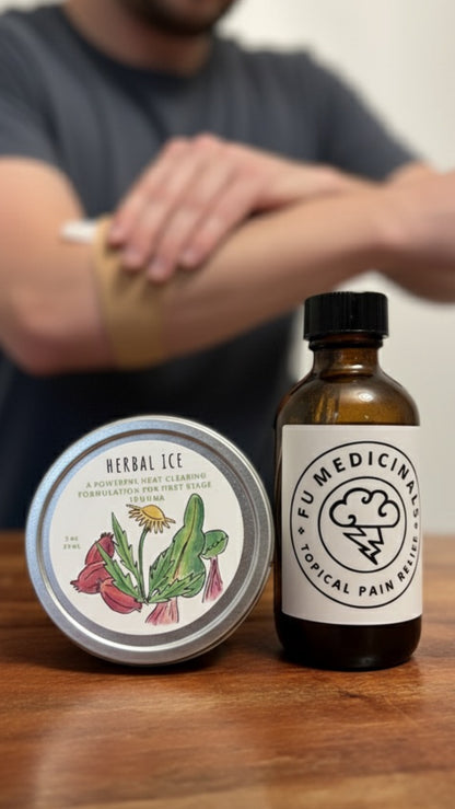 Herbal Ice cream and bottle of Fu Medicinal Topical Pain Relief on a wooden surface with a person applying cream to their arm.