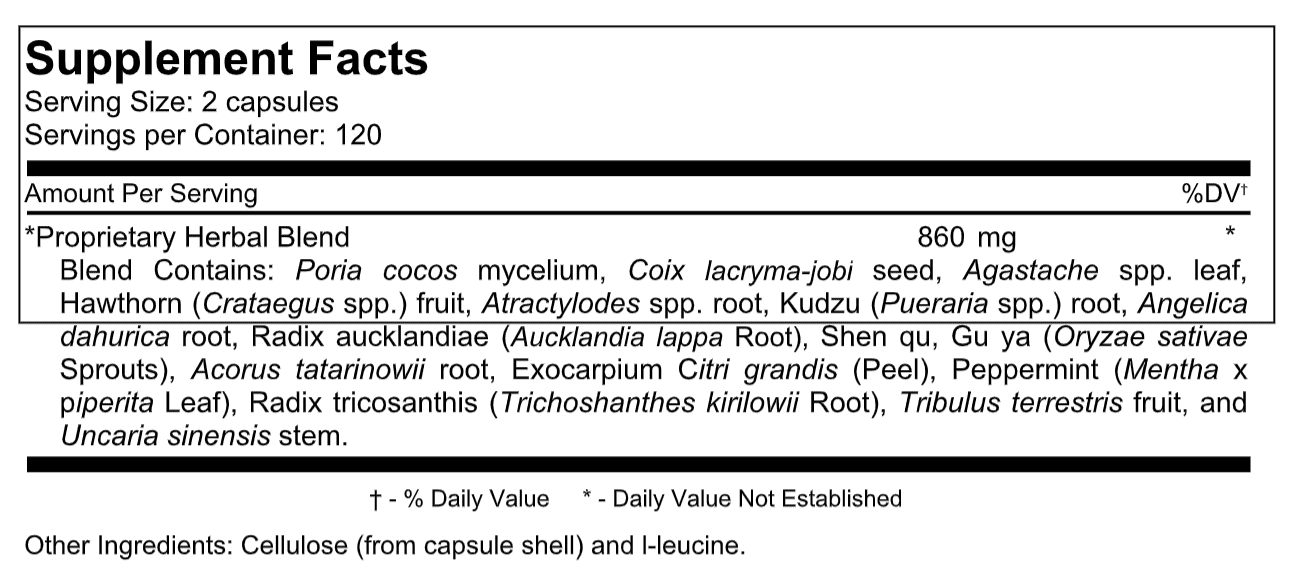 Supplement facts label with herbal blend ingredients