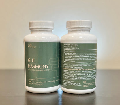 Two bottles of 'Gut Harmony' dietary supplements on a reflective surface with a neutral background.