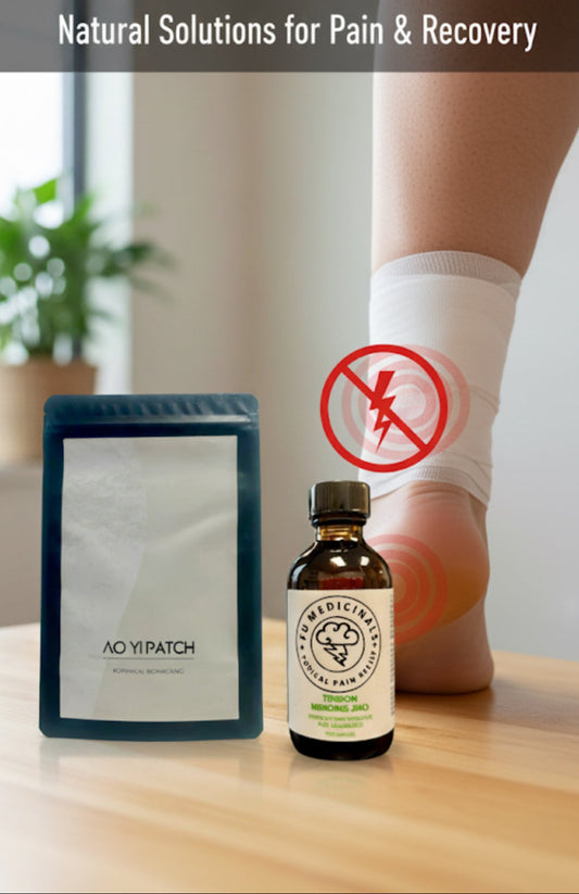 Achilles tendinitis relief products including a bottle, patch, and Yipatch on a table.