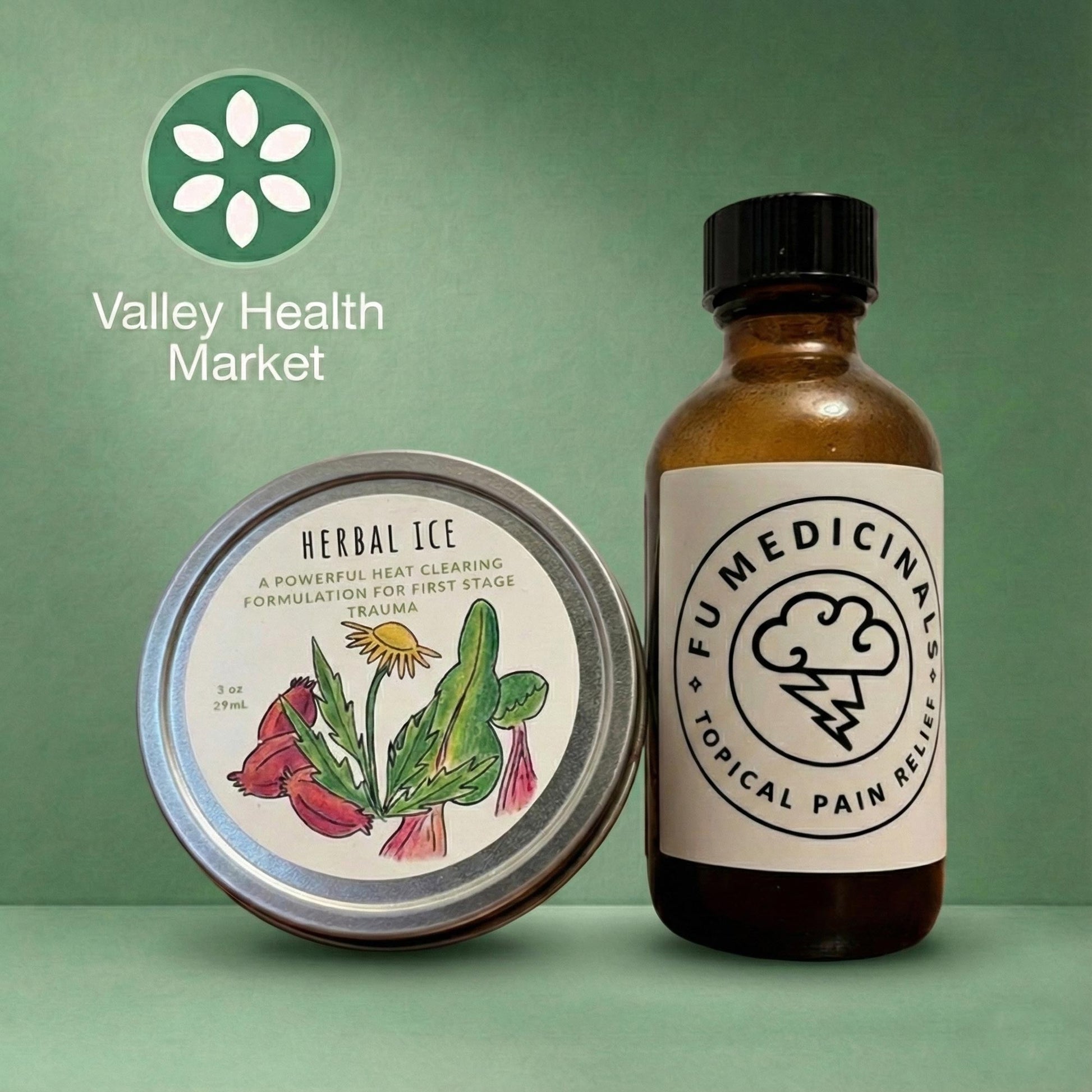 Two products from Valley Health Market on a green background, one labeled 'Herbal Ice' and the other 'Fu Medicinals'.