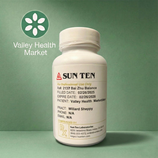 Bai Zhu Balance, formulated by Sun Ten for Valley Health with a green background and Valley Health Market logo.