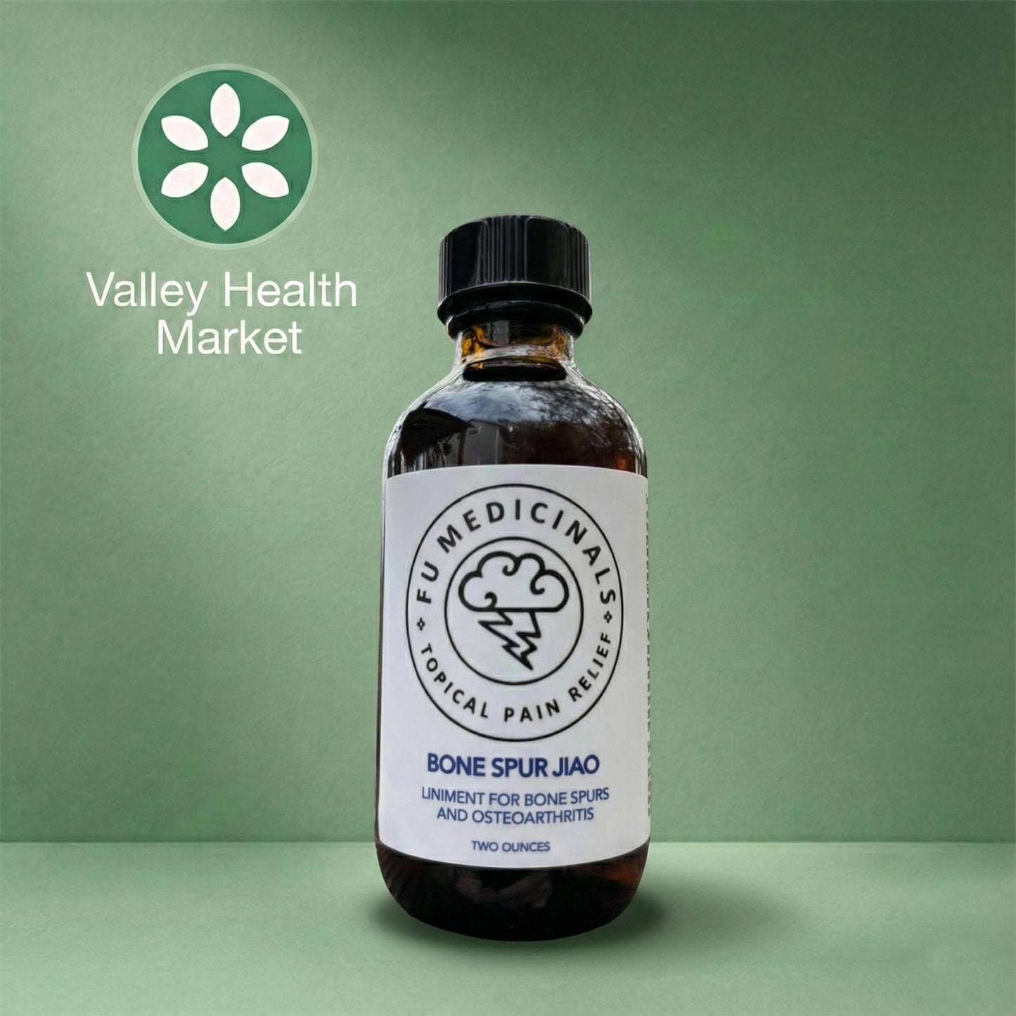 Bottle of Fu Medicinals Bone Spur Jiao on a green background with Valley Health Market logo.