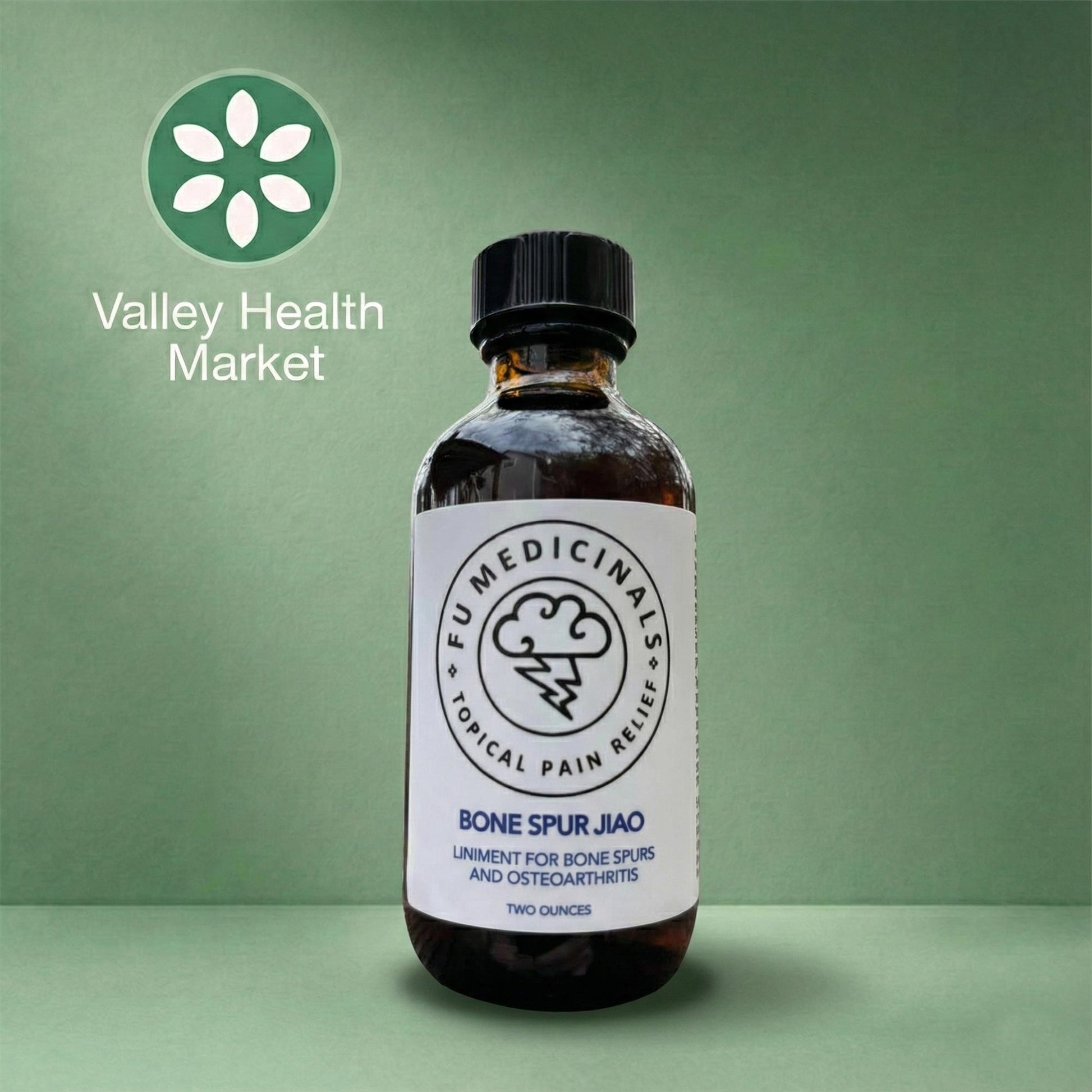 Bottle of Fu Medicinals Bone Spur Jiao on a green background with Valley Health Market logo.