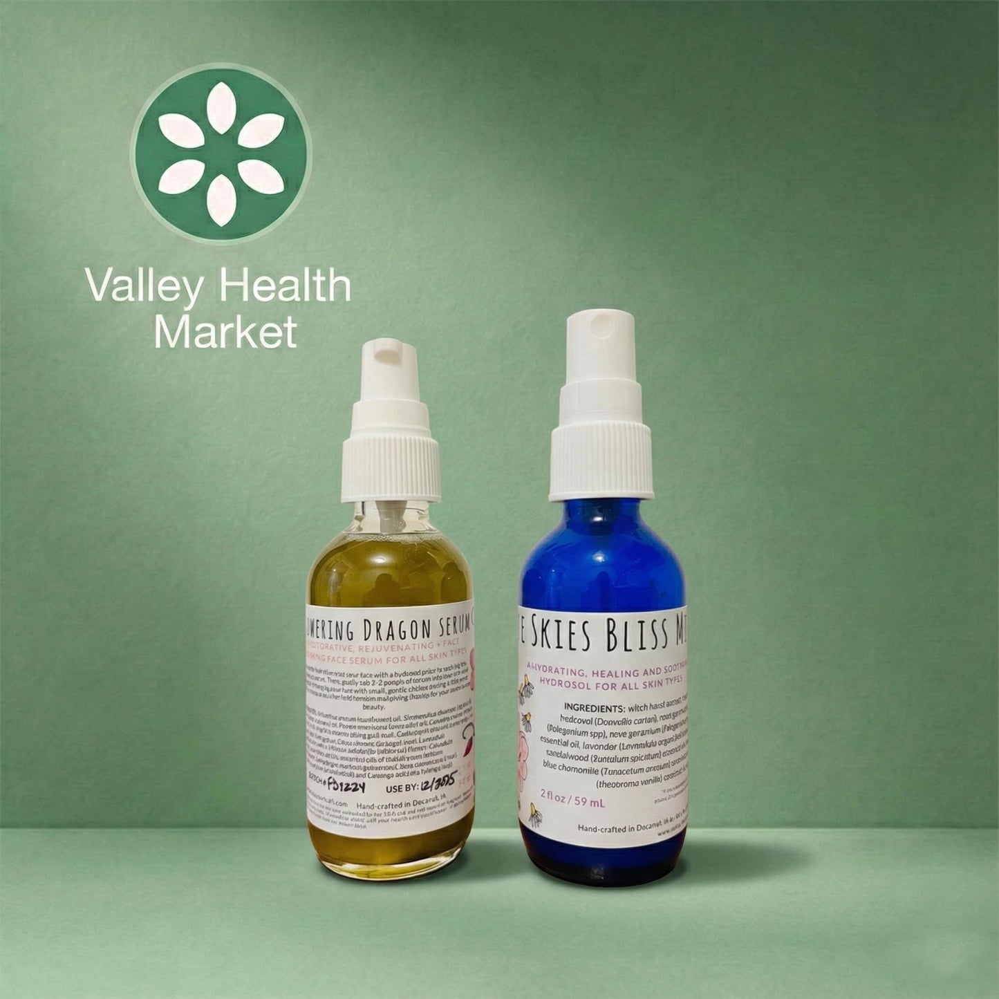 Botanical Beauty Combo, with Flowering Dragon Serum and Blue Skies Bliss Mist on a green background, featuring the Valley Health Market logo.