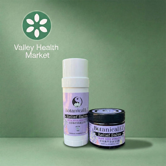 Two containers of Botanical EZ Relief Salve on a green background with Valley Health Market logo.