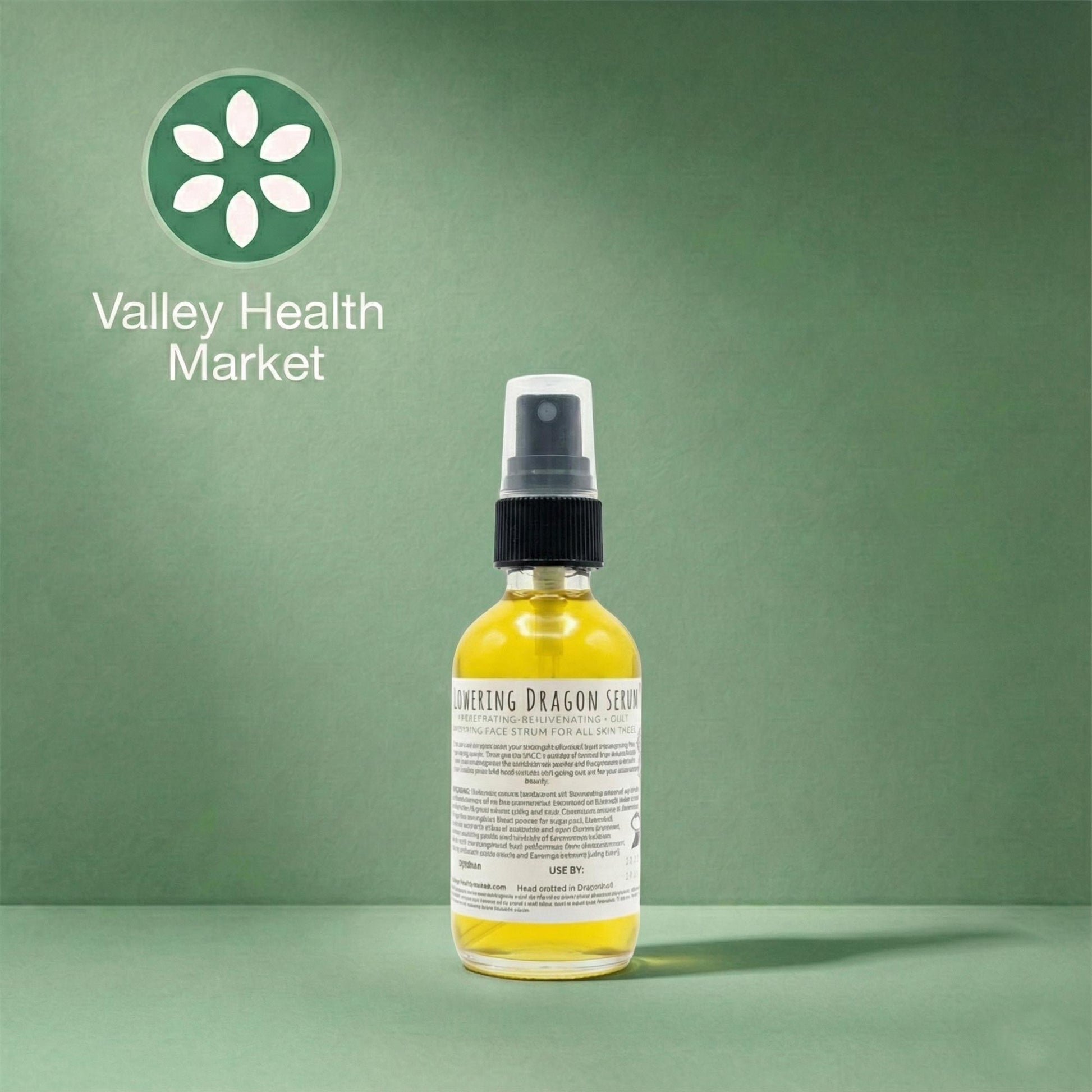 Bottle of Flowering Dragon Serum with Valley Health Market logo on a green background