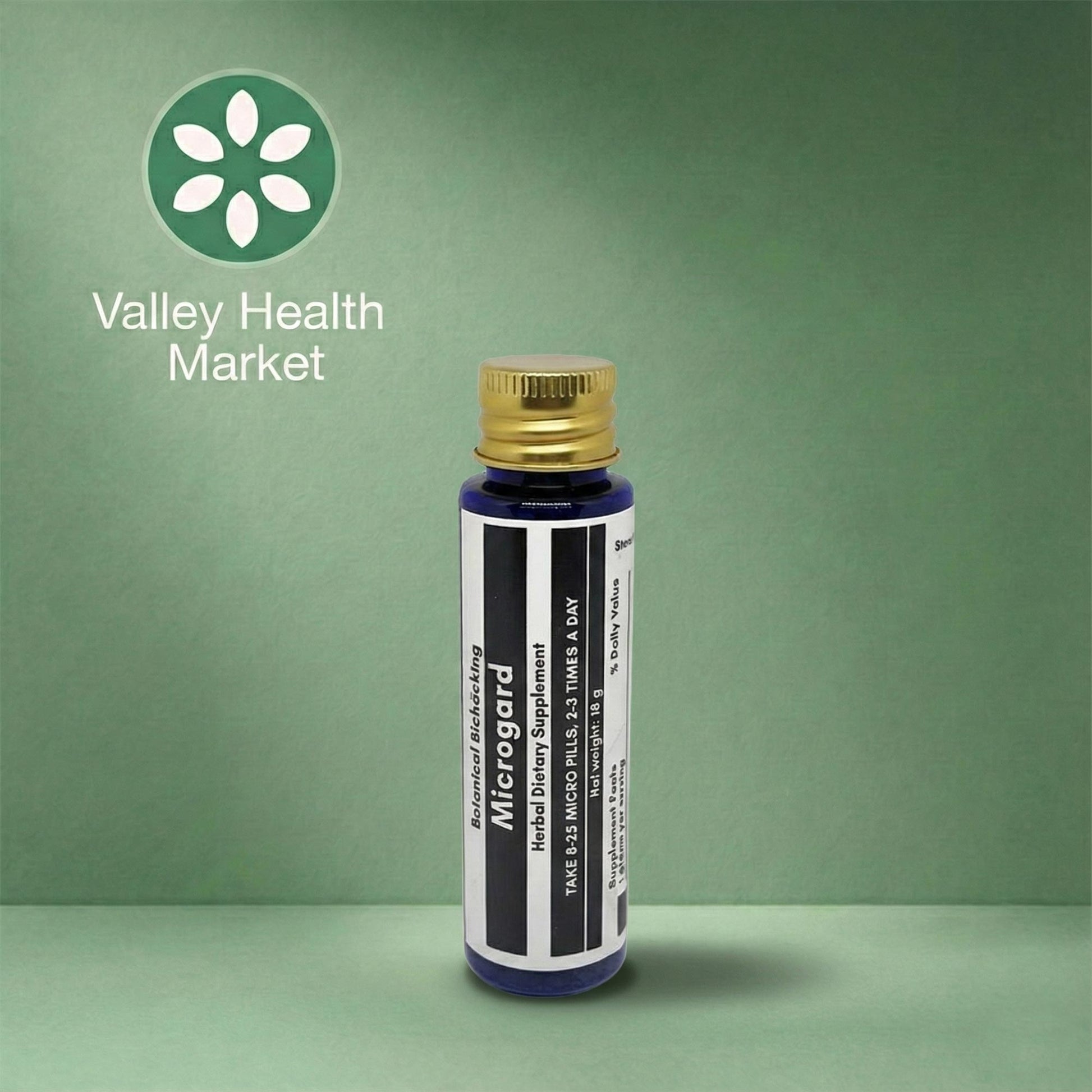 Botanical Biohacking's Microgard with a gold cap on a green background, featuring the Valley Health Market logo.