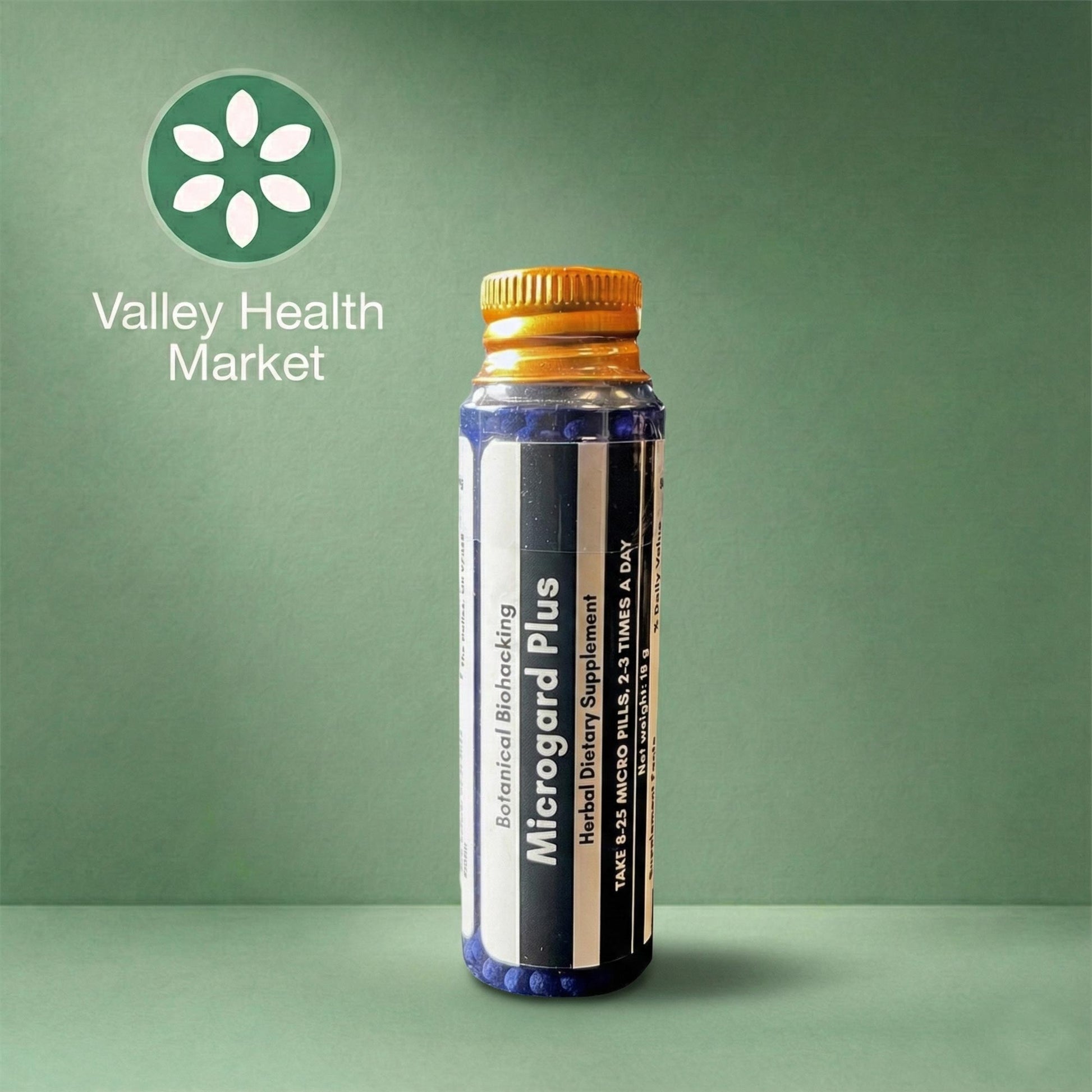 Botanical Biohacking's Microgard Plus with Valley Health Market logo on a green background