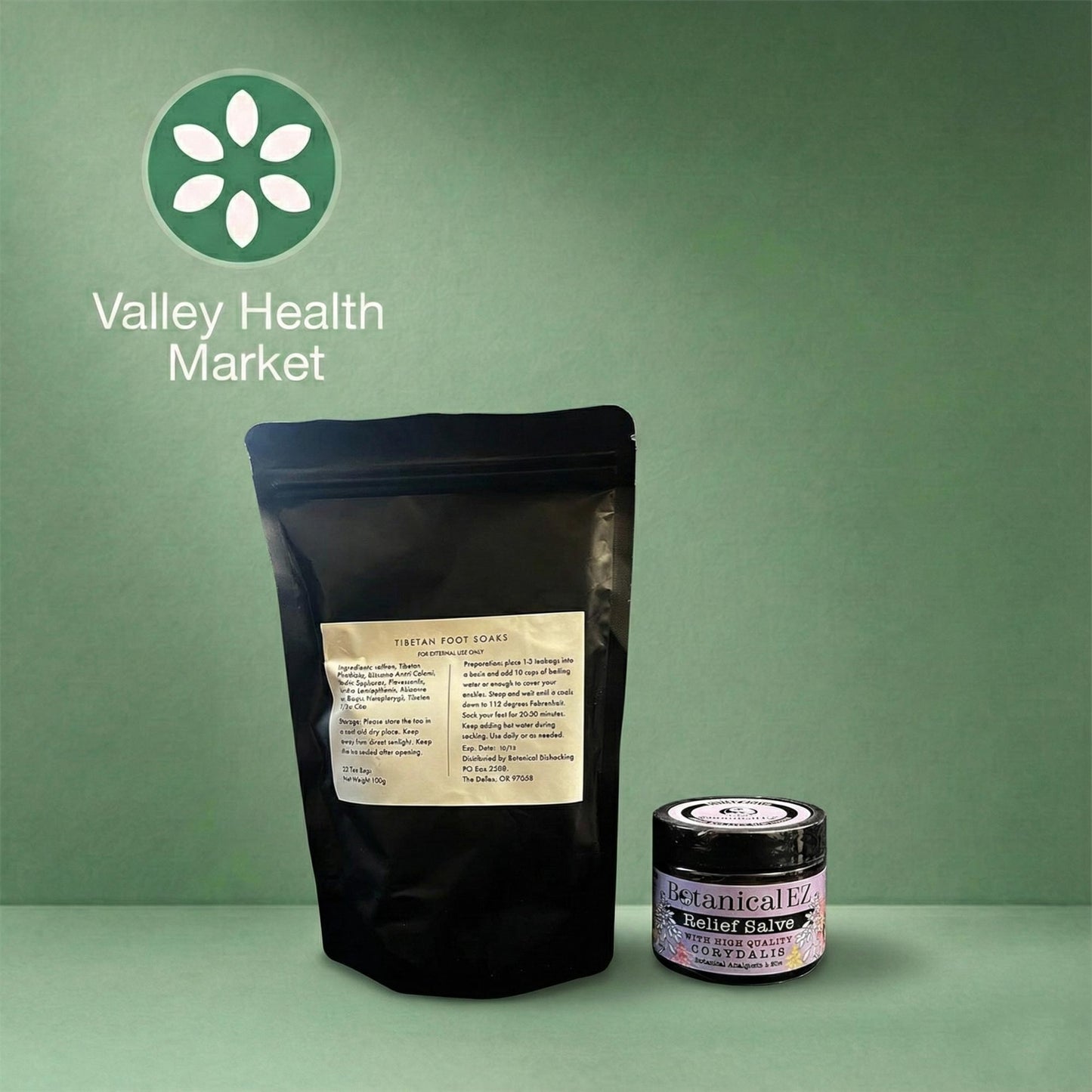 Tibetan Foot Soaks and Botanical EZ's Corydalis Relief Salve on a green background with Valley Health Market logo.