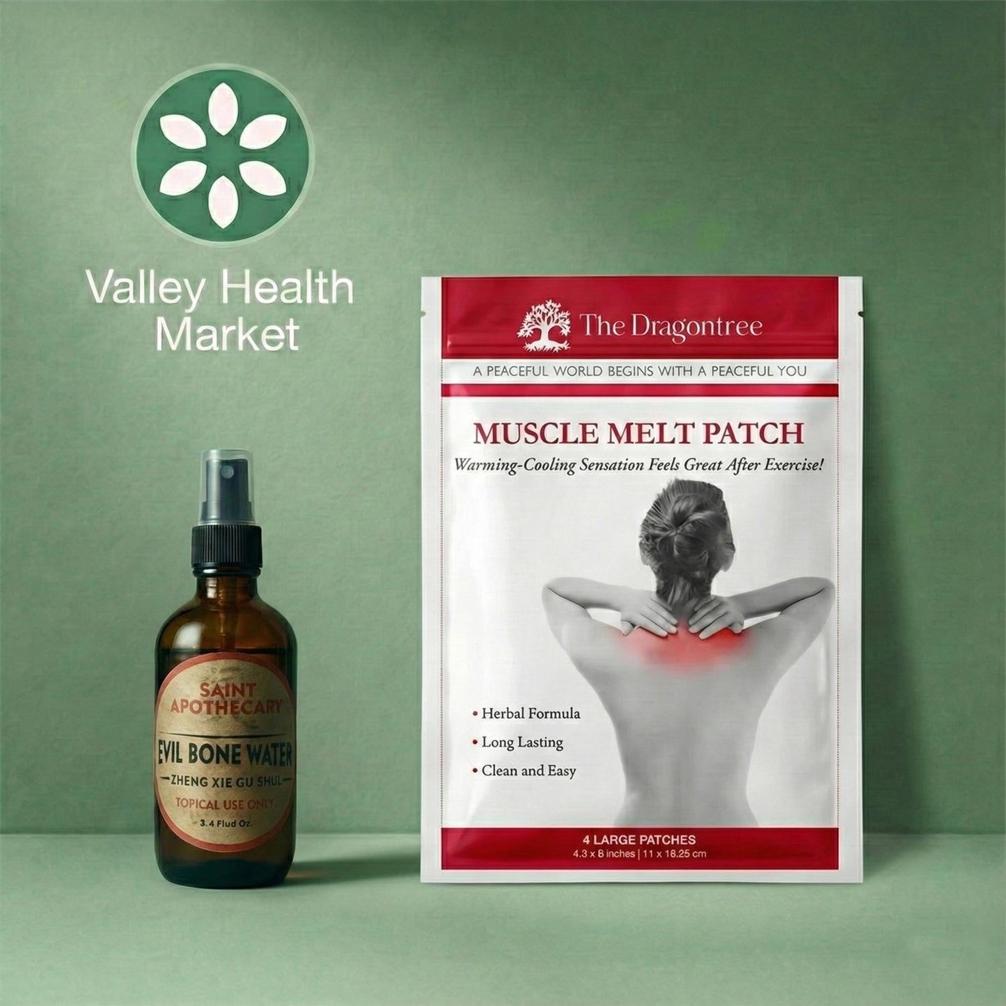 Bottle of 'Evil Bone Water' and 'Muscle Melt Patch' packaging on a green background with 'Valley Health Market' branding.