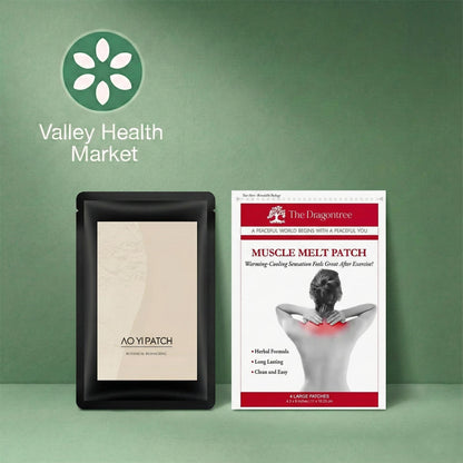 AO YI PATCH and Muscle Melt Patch packaging on a green background with Valley Health Market logo.