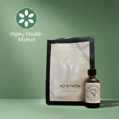 AOYI PATCH and Fu Medicinals product and bottle with Valley Health Market logo on a green background