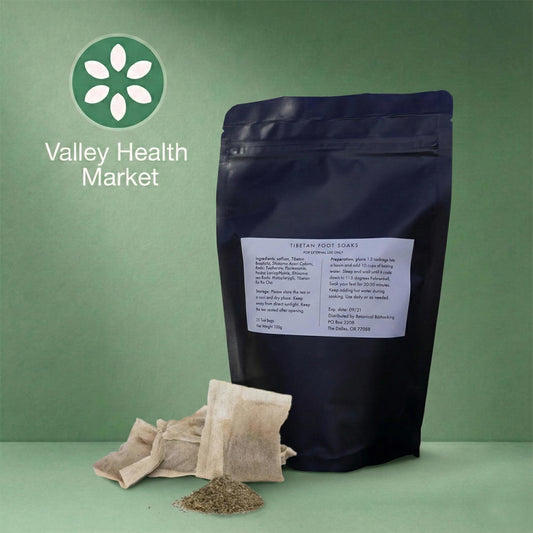 Tibetan Foot Soaks with Valley Health Market branding on a green background